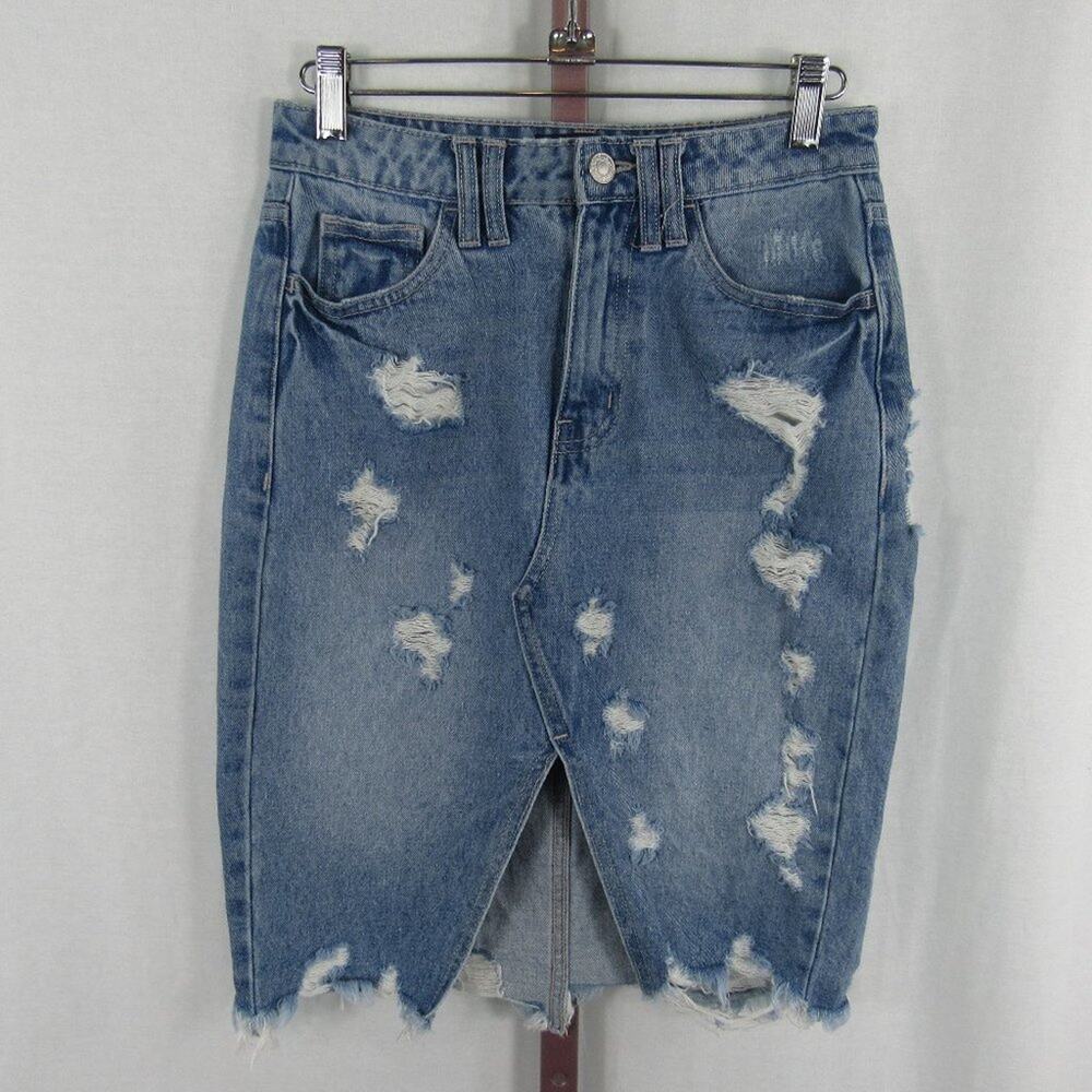 Vervet XS Distressed High-Waisted Skirt with Front Slit Knee Length Midi Frayed